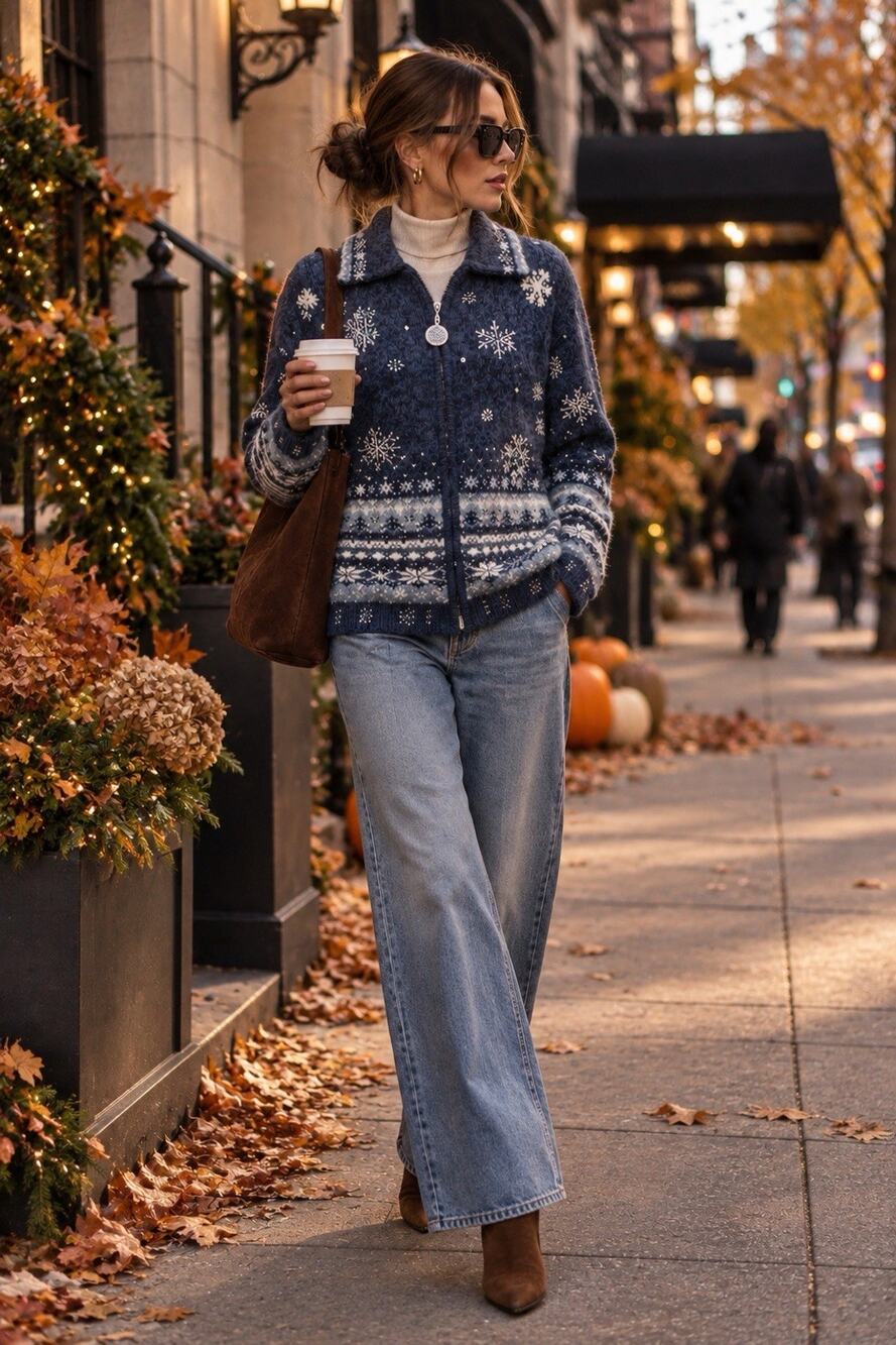 Vintage Tiara Blue Snowflake Zip Cardigan Sweater Winter Cozycore CabinCore Sz S